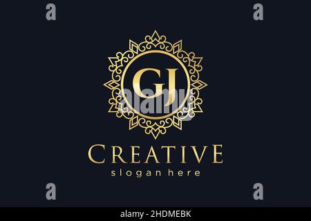 GJ Initial Letter Luxury calligraphic feminine floral hand drawn heraldic monogram antique vintage style luxury logo design Premium Stock Vector
