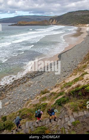 Hikers at South Cape Bay, Southwest National Park Stock Photo