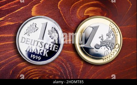 coins, 1 euro, german deutschemarks, coin, one euro Stock Photo