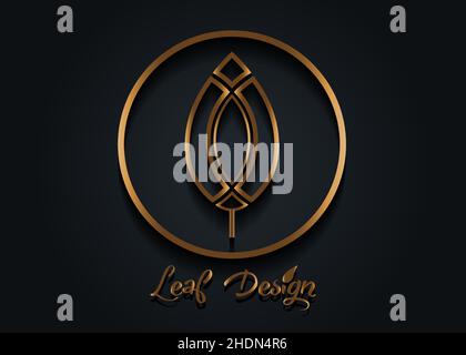 Vector leaf, circle shape gold abstract emblem, logo template design concept, logotype element for template. Geometric leafs round sign, golden luxury Stock Vector