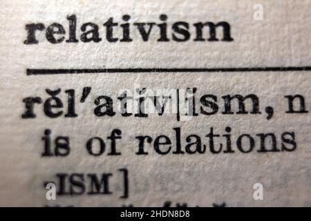 Word "relativism" printed on book page, macro close-up Stock Photo