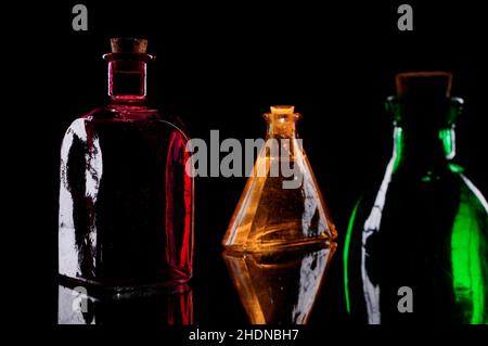 colored, glass bottle, colors, farbig, glass bottles, glass ware Stock Photo