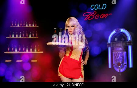 Waitress in Bar With Jukebox and neon lights. Beer Bottles on Tray Stock Photo