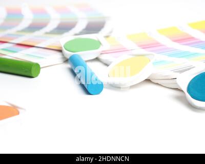 watercolour paints, color guide, wax crayon, watercolour paint, color guides Stock Photo