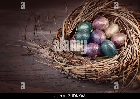 easter nest, easter eggs, chocolate croissant, easters, easter egg, chocolate croissants Stock Photo