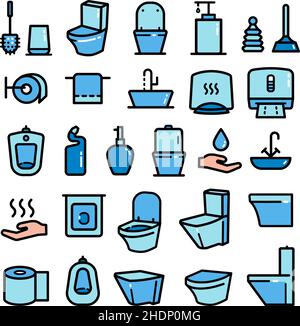 Set of sanitary icons such as Toilet, Towel, Plunger, Restroom, Urinal, Toilet paper etc. Vector color flat illustration in simple style. Isolated on Stock Vector