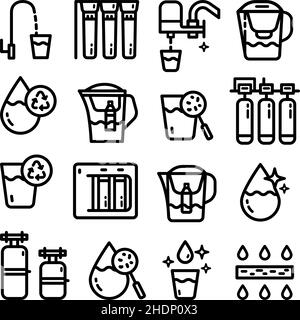 Water purification outline icon set. Wastewater treatment collection. Flat line design. Stock Vector