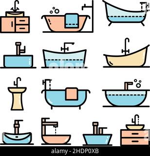 Bathtub color big icons set. Contour symbol collection in simple style. Vector line icon set isolated on white background. Stock Vector