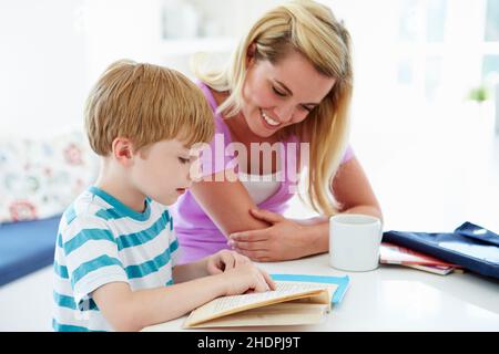 mother, reading, learning, son, mom, mothers, mum, read, reading a book, reading something, to read, sons Stock Photo