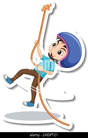A boy hanging on rope cartoon character sticker illustration Stock Vector