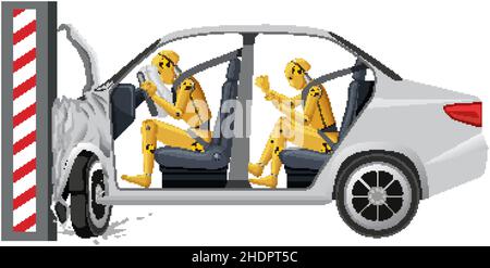Crash test dummy with broken car illustration Stock Vector