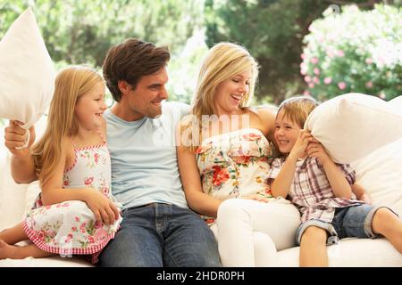 family, pillow fight, families, pillow fights Stock Photo
