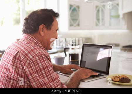 senior, writing, laptop, letter, elderly, old, seniors, computer, computers, laptops, letters Stock Photo