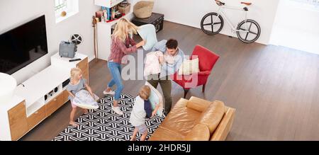 family, pillow fight, families, pillow fights Stock Photo