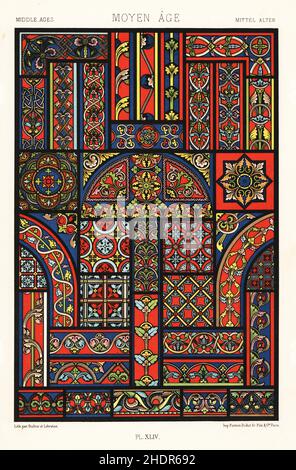 Middle Ages; stained glass, 12th to 14th centuries. Examples from cathedrals in Chartres, Bourges, Cologne, Soissons, Le Mans, Lyons, Angers, Strasbourg, Rouen, and Sens. Moyen Age. Hand-finished chromolithograph by Dufour & Lebreton from Albert-Charles-Auguste Racinet’s L’Ornement Polychrome, (Polychromatic Ornament), Firmin-Didot, Paris, 1869-73. Stock Photo