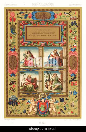 Renaissance art: painting. Painting on vellum by Giulio Clovio on the elevation of Gregory XIII to the Papal throne, 1573. With four evangelists in the centre, birds, flowers, cherubs, butterflies, dragon, key, mitre in the borders. Hand-finished chromolithograph by Pralon from Albert-Charles-Auguste Racinet’s L’Ornement Polychrome, (Polychromatic Ornament), Firmin-Didot, Paris, 1869-73. Stock Photo