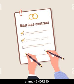 Marriage contract. Couple signs prenuptial agreement document. Prenup wedding certificate. Family divorce concept. Top-down view. Vector illustration Stock Vector