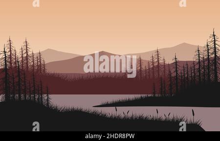 Aesthetic mountain view with the silhouette of dry pine trees and ...