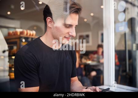 man, cafe, sms, guy, men, cafes Stock Photo
