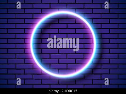 Neon frame with circle shape on the blue brick wall. Classic round 80s styled purple shiny glowing neon sign. Stock Vector