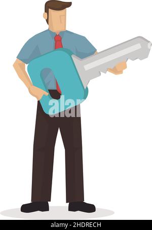 Businessman with giant key. Concept of solution finding. Flat character vector illustration in white background. Stock Vector