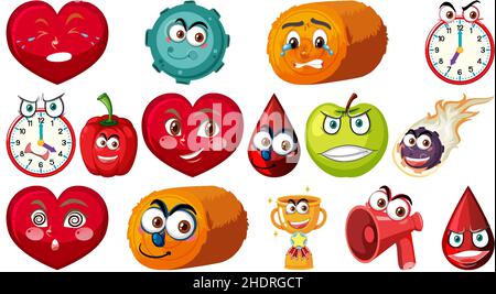 Set of different toy objects with smiley faces illustration Stock Vector