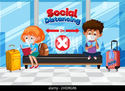 Social distance with public seating regulations in airport area illustration Stock Vector