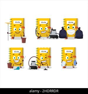 Cleaning service note book cute cartoon character using mop. Vector illustration Stock Vector