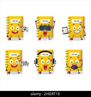 Note book cartoon character are playing games with various cute emoticons. Vector illustration Stock Vector