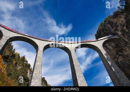 spectacular view at Train crossing Landwasser Viaduct Landwasserviadukt, Graubunden, Switzerland. Stock Photo