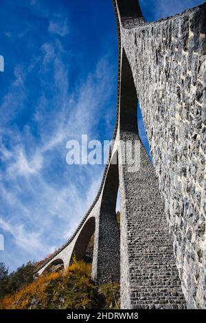 spectacular view at Train crossing Landwasser Viaduct Landwasserviadukt, Graubunden, Switzerland. Stock Photo