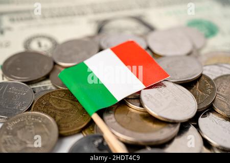 Italy Flag on coins background, Business and finance concept. Stock Photo
