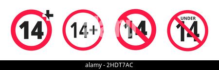 Over 14 years old plus forbidden round icon sign vector illustration set. Stock Vector