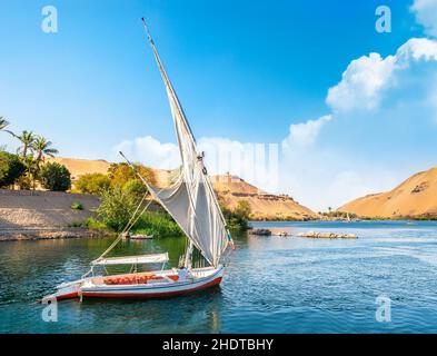 nile river, aswan, felucca, nile, nile rivers, aswans, feluccas Stock Photo