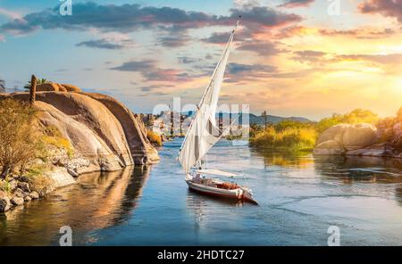 nile river, aswan, felucca, nile, nile rivers, aswans, feluccas Stock Photo