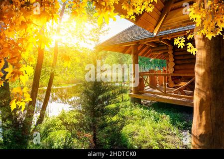 lake, autumn, cabin, lakes, fall, cabins Stock Photo