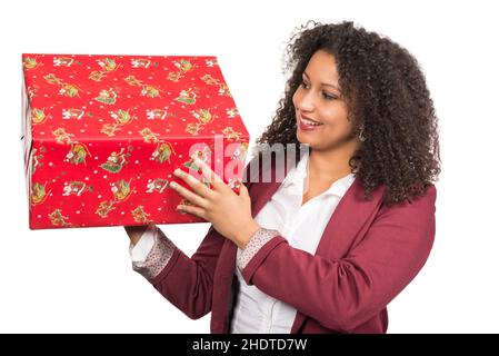 woman, curious, christmas present, female, ladies, lady, women, nosies, christmas gift, christmas presents Stock Photo