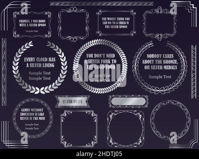 Set of silver vintage frames isolated on a black background. Vector illustration. Stock Vector