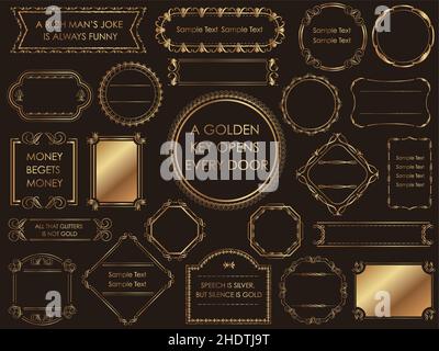 Set of gold vintage frames and borders isolated on a black background. Vector illustration. Stock Vector