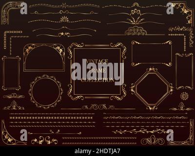 Set of gold vintage frames and borders isolated on a black background. Vector illustration. Stock Vector