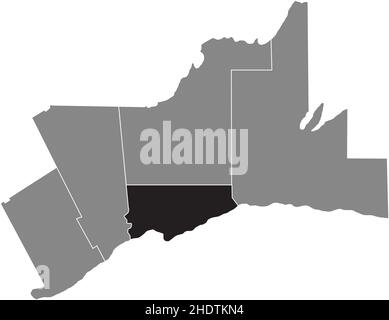 Black flat blank highlighted locator map of the TORONTO REGION inside gray administrative map of Greater Toronto Area Stock Vector