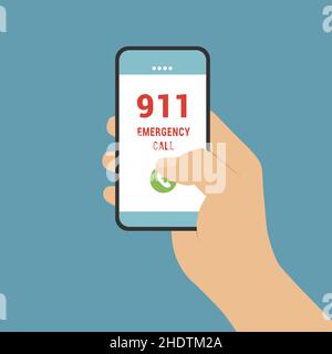 Flat design illustration of male hand holding smartphone. Emergency call to the phone number 911 - vector Stock Vector
