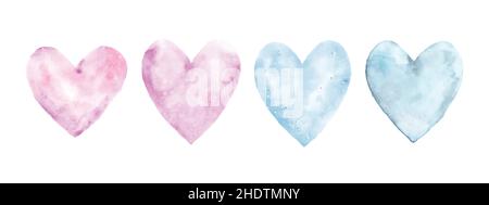 Hand-painted watercolor pink and blue hearts set. Isolated on white background, hearts shape elements are perfect for Valentine's day cards Stock Vector