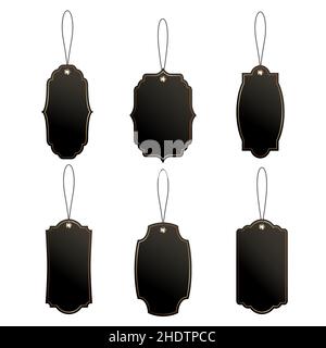 Set of black price or luggage tags of vintage shapes with rope. Stock Vector