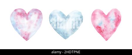 Hand-painted watercolor blue and pink mixed heart set. Isolated on white background, hearts shape elements are perfect for Valentine's day cards Stock Vector