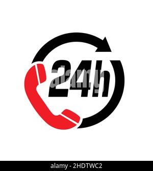 24 hour open hotline phone symbol on circle with arrow black white and red vector isolated on white background Stock Vector