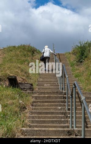 Fit senior woman climbing some steep stairs whilst carrying a heavy camera bag, Sywell Country Park, Northamptonshire, UK Stock Photo