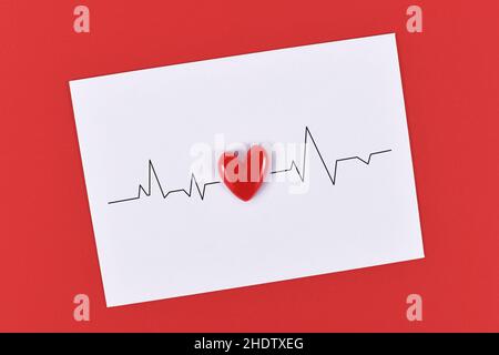 Heart and heartbeat line on white paper note on red background Stock Photo