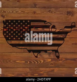USA flag in map symbol branded burned on old rustic wood wall vector background Stock Vector
