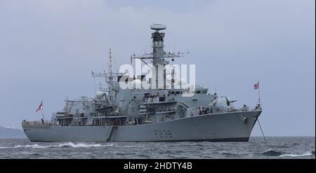 File photo dated 5/7/2015 of HMS Northumberland which was hit by a Russian submarine while on patrol in the North Atlantic Ocean. The Royal Navy warship had been searching for the submarine after it disappeared from the ship's radar in the Arctic Circle shortly before the incident took place. Issue date: Friday January 7, 2022. Stock Photo